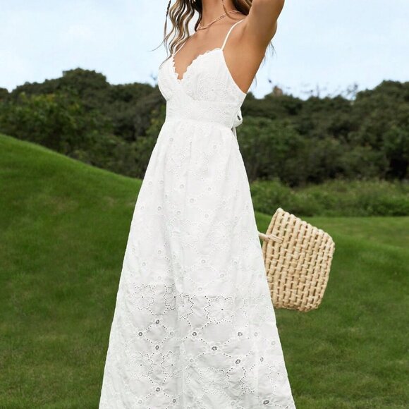 Dresses & Skirts - White Boho Women's Solid Tie Backless Eyelet Embroidery Cami Dress
